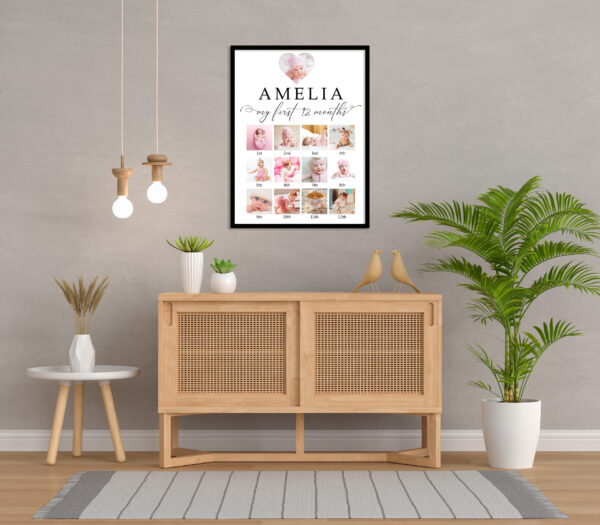 Wood sideboard in living room with frame mockup, 3d rendering