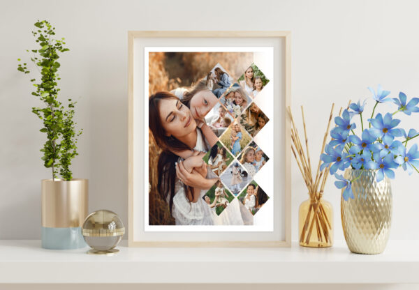 Interior poster mockup with vertical wooden frame in white inter