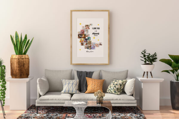 Poster frame in living room psd mockup